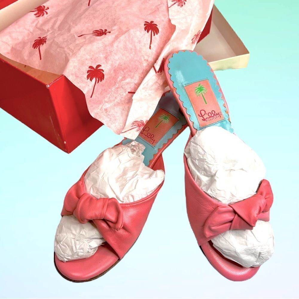 Lilly Pulitzer Women's Napa Sandals Slides Hibiscus Pink Leather Bow Kitten Heel - Picture 7 of 10
